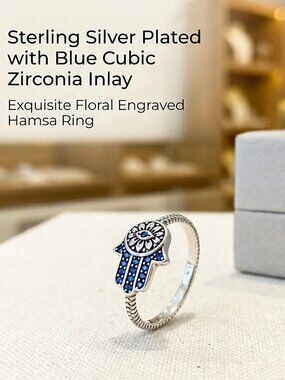 NWT -Hamsa Hand Evil Eye Protection Ring- Silver w Blue Cubic Zirconia- Size 6
